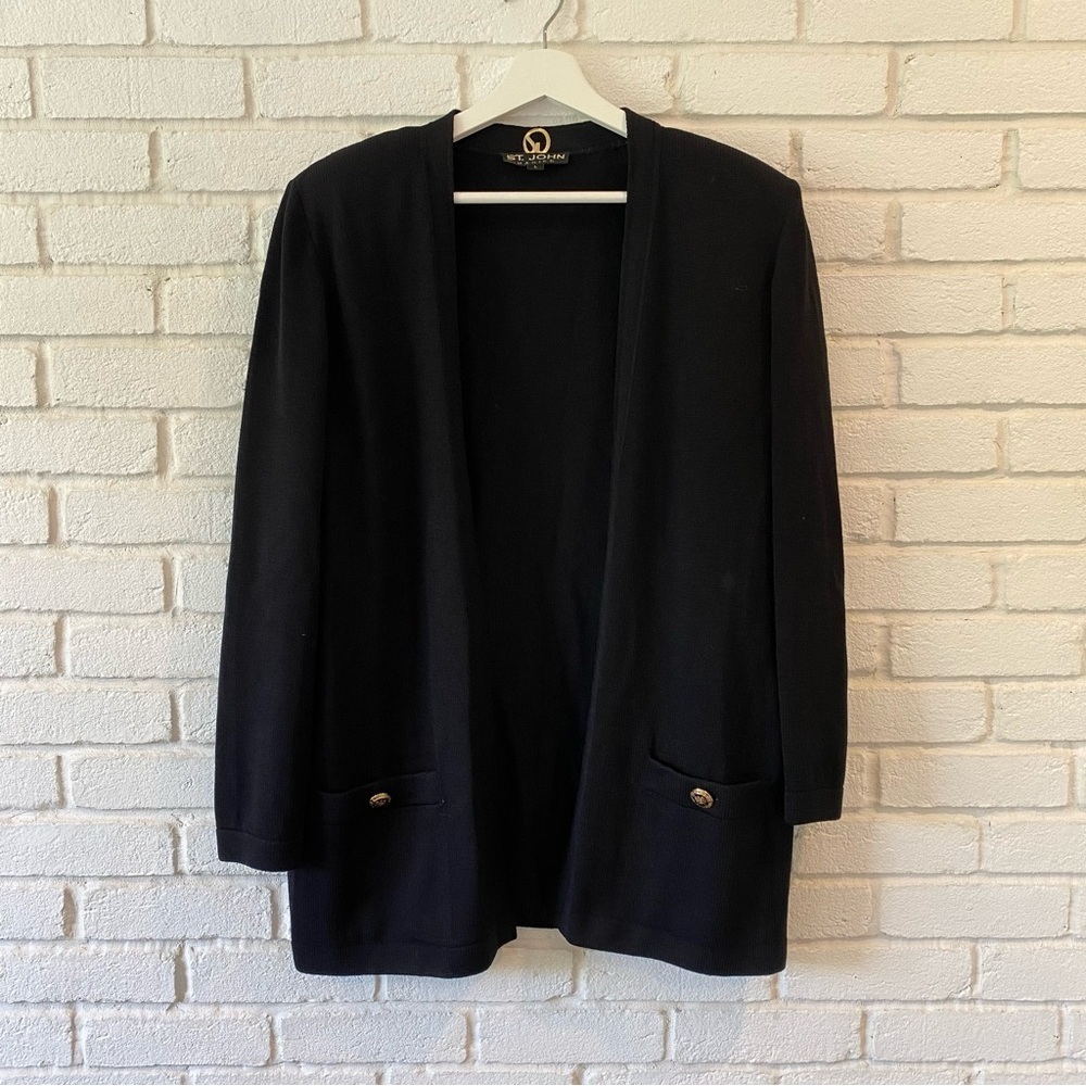 St. John Basics Knit Cardigan Open Front Pockets Stretch Long Sleeve Size Large